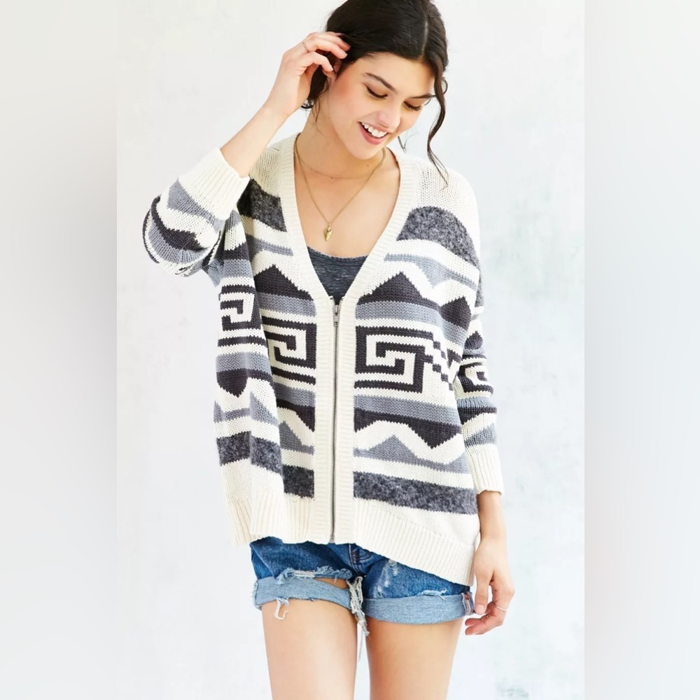 Ecote Ingrid Bohemian Aztec Textured Ribbed Oversized Zipper Cardigan Sz S (683)